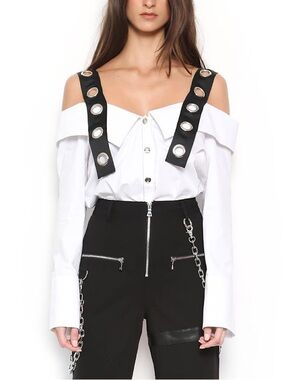 I.AM.GIA White Off-Shoulder Blouse with Black Grommet Straps